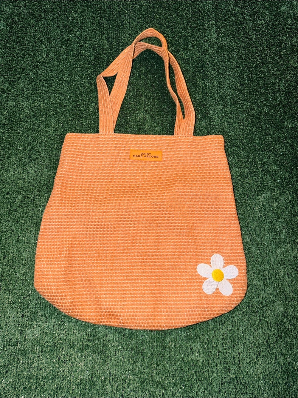 Marc Jacobs Orange Tote Bag Embroidered Logo Flower Patch Lined Double Handles